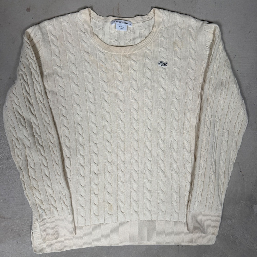 Lacoste Mens Cable Knit Cotton Sweater Cream White Crew Neck Size 40